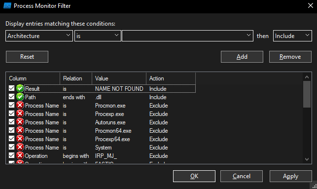 Filtros Process Monitor